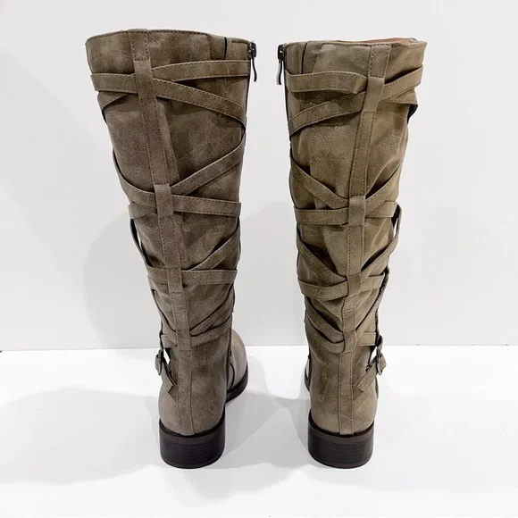 Journee Collection Carly Tall Riding Boots Strap Detail Taupe Wide Calf 6.5 NEW - Picture 5 of 16